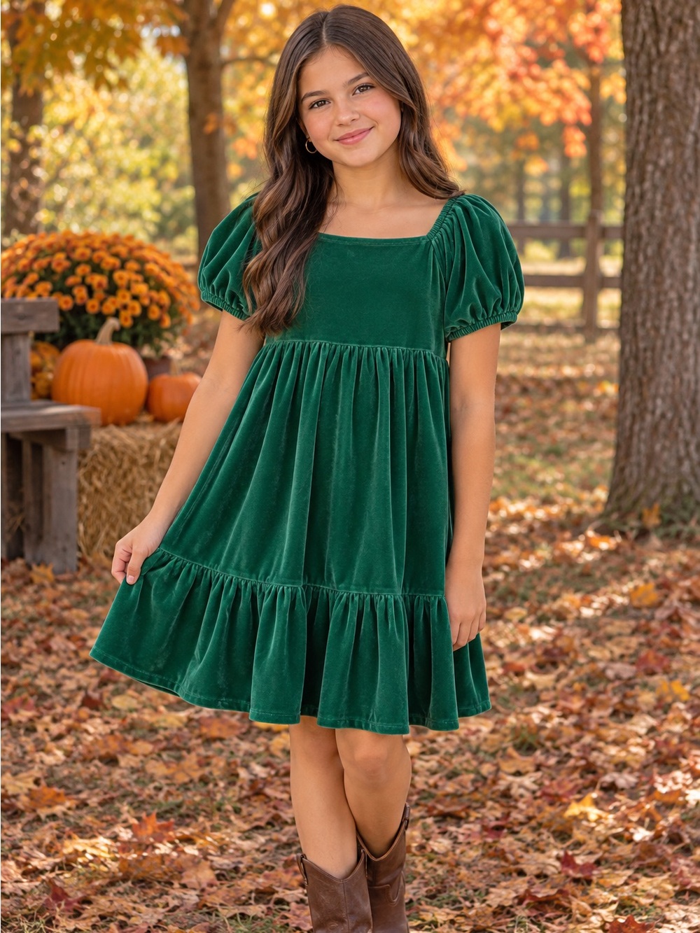 Carter's Girls Emerald Velvet Puff-Sleeve Tiered Dress Size 14